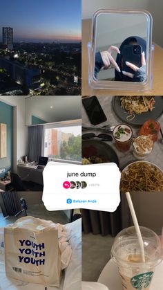 a collage of photos with food and drinks in them, including a bag that says june dump