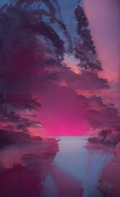 the sky is pink and purple as it reflects in the water