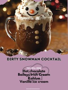 an advertisement for a hot chocolate drink with a snowman in the cup on top