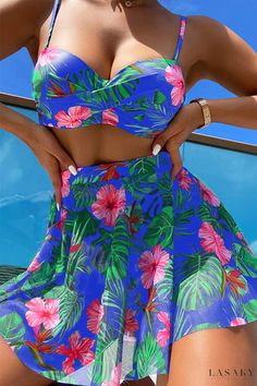 Lasaky - High-Quality Athletic Print Patchwork 3-Piece Set with Padding Beach Green Floral Print Sets, Beach Green Floral Print Set, Blue Floral Print Beach Sets, Blue Printed Sets For Beach Season, Printed Blue Vacation Sets, Blue Printed Vacation Sets, Blue Printed Sets For Vacation, Coverup Skirt, Loop Scarf