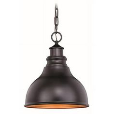 an industrial style pendant light hanging from a chain on a white background with the light turned off