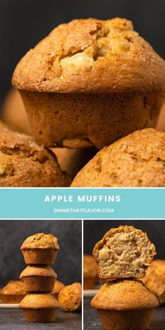 apple muffins stacked on top of each other with text overlay that reads, apple muffins