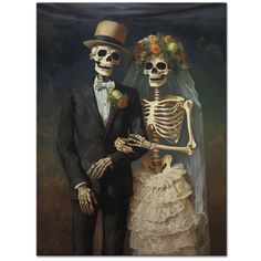 a painting of two skeletons dressed in wedding attire, one holding the bride's hand