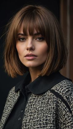 Capturing the essence of French sophistication, this medium-length bob with bangs is the epitome of classic style. The fringe perfectly contours the face, while the layers bring a lightness to the thick hair. It’s a style that suggests a love for the timeless, a nod to the vintage while being completely in vogue. The rich brunette shade complements the haircut, making it an ideal choice for those who appreciate a more traditional look with a modern twist. Brunette Bob Hairstyles With Fringe, French Bob With Bangs Mid Length, Brunette Bob With Fringe, Mid Bob With Bangs, Bob Haircut With Fringe, French Bob With Fringe, French Bob With Bangs, Bob With Fringe Bangs