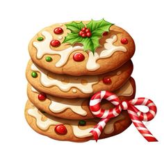 a stack of cookies with candy canes on top