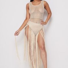 Brand New With Tags Fringe Crotchet Dress Perfect For Vacation Purchased At Local Boutique Size Large Fitted Beige Mini Dress For Beachwear, Beige Sleeveless Dress For Beachwear, Beige Fitted Maxi Dress For Beachwear, Beige Beachwear Maxi Dress For Party, Fitted Beige Maxi Dress For Beachwear, Fitted Beige Beachwear Dress, Beige Beach Dress For Party Season, Beige Beach Dress For Party, Beige Beach Dress For Beach Party