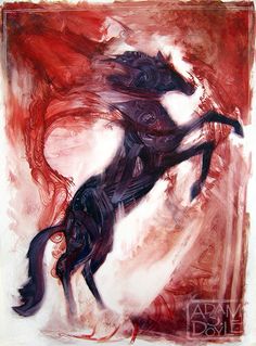 an abstract painting of a horse in red and black