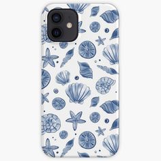 a blue and white phone case with shells, seashells and starfish on it