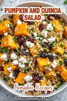 pumpkin and quinoa salad in a white bowl