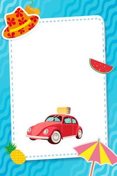 a red car with a hat, umbrella and watermelon on the blue background