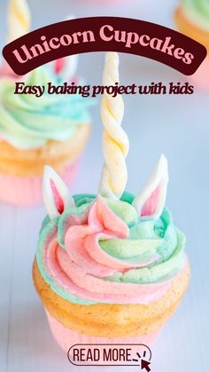 unicorn cupcakes with rainbow frosting and sprinkles on top are featured in the book easy baking project with kids