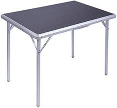 an aluminum table with black top and white legs