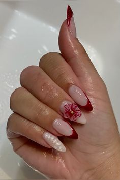 Red Nail Flower Designs, Nail Ideas Acrylic Flowers, Red Nail Flower, Red 3d Flower Nails, Almond Nails Designs Red, Red Nail Designs Almond, Red Flowers Nails, Red Nails Flower