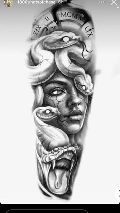 a black and white photo of a woman's face with snakes on her arm