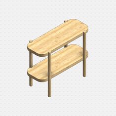 a wooden table with two shelves sitting on it's sides, and one shelf is made out of wood