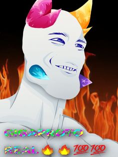 an animated image of a man with horns on his head and fire in the background