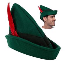 a man wearing a green elf hat with red feathers on it's brim