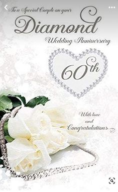 diamond wedding anniversary card with white roses in a basket and diamonds on the side,