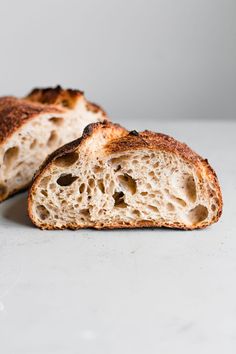 two pieces of bread sitting on top of a table