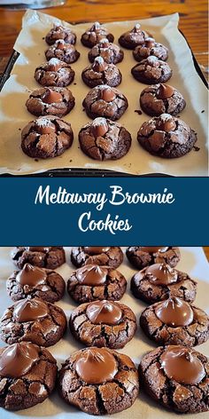 there are many cookies that have melted chocolate on them and the words meltaway brownie cookies