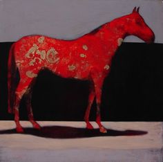 a painting of a red horse standing in front of a black background with white spots