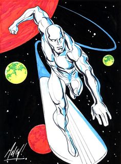 a drawing of a man flying through the air with planets around him and stars in the background