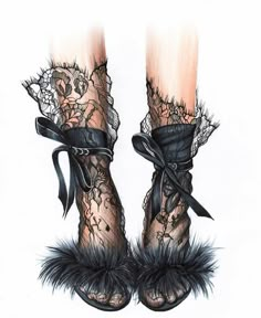 a drawing of two legs with lace and feathers on them