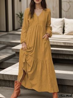 Olivia Mark - Vintage Buttoned Cotton Linen Casual Long Sleeve Maxi Dress with Pleated Hem - Multiple Colors Cotton Boho Dress, Vacation Maxi Dress, Cotton Long Dress, Womens Fall Dress, Long Sleeve Casual Dress, Langer Rock, Women Maxi, Long Sleeve Maxi, Women Long Dresses