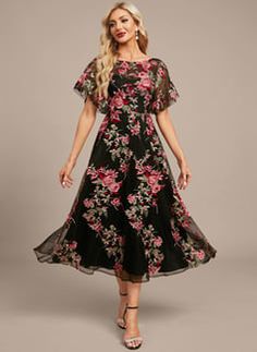 Floral Evening Dress, Floral Evening Dresses, Evening Dresses With Sleeves, Chiffon Evening Dresses, Lace Evening Dresses, Floral Chiffon, Tea Length, Custom Dresses, Flutter Sleeve