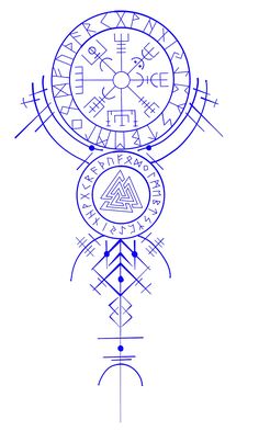 a drawing of three circles with arrows and symbols on the sides, all in blue ink