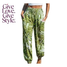 in stock Casual Green Harem Pants For Vacation, Green Harem Pants With Pockets For Vacation, Casual Harem Bottoms For Vacation, Khaki Bottoms With Elastic Waistband For Beach, Spring Khaki Harem Pants With Elastic Waistband, Trendy Green Harem Pants With Elastic Waistband, Green Harem Pants For Vacation, Palm Leaf, Palm Leaves