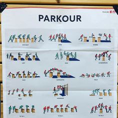 a parkour sign on a wooden bench with people doing different things to do in the park