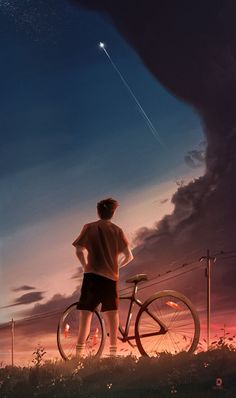 a person standing next to a bike under a cloudy sky with a rocket in the background