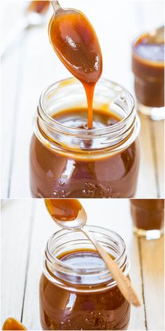 a spoon full of caramel sauce being poured into a jar