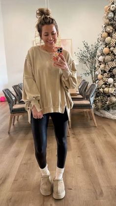 I live for two things. Fall + Leggings Leggings Uggs Outfit, Cozy Mom Outfits, Casual Leather Leggings, Mini Ugg Outfits, Women's Style Tips, Fall Maxi Skirt Outfits, Comfy Mom Outfits, Camden Sweatshirt