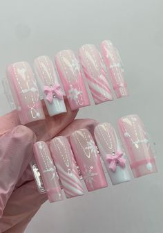 Natural Nail Christmas Nails, Subtle Pink Christmas Nails, Gelx Inspo Nails Christmas, Pink Christmas Nails Candy Canes, Birthday Nails For Winter, Cute Pink Hello Kitty Nails, Pink Heart Charm Nails, Pink Nail Christmas, Pink Square Christmas Nails