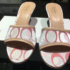 Brand New In Box - Never Worn- Coach Kristen Optic Pink Slides - Made In Italy Coach Slip-on Heels For Spring, Summer Designer Coach Heels, Designer Summer Heels By Coach, Chic White Coach Heels, Casual Summer Flats, Pink Slides, Suede Clogs, Pink Monogram, Platform Clogs