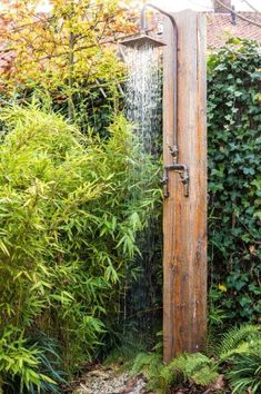 a wooden shower head in the middle of a garden with plants and shrubs around it