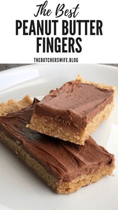 two pieces of chocolate peanut butter fingers on a white plate with the title above it