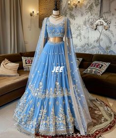 Punjabi Sweet 16, Light Blue Lengha, Blue Lehenga Bridal, Baby Blue Lehenga, 2024 Checklist, Kerala Style Skirt And Top, Blue Bridal Lehenga, Royal Blue Lehenga