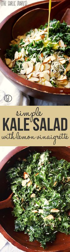 kale salad with almonds and parmesan cheese being drizzled on top