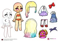 the paper doll has different clothes and accessories for it's body, head, and arms