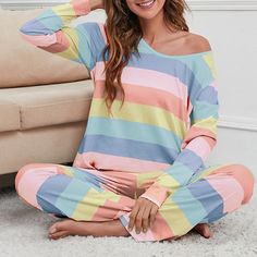 Season:Fall,Spring; Fabric:Cotton; Sleeve Length:Long Pant,Long Sleeve; Gender:Women's; Quantity:2 Pieces; Nightwear Style:Pjs,Nighty,Sets,Pajamas; Style:Fashion,Comfort,Soft; Elasticity:Micro-elastic; Tops Type:T shirt Tee; Occasion:Home,Bed,Daily; Age Group:Adults; Function:Breathable; Pattern:Stripe,Rainbow; Neckline:V Wire; Special Size:Plus Size; Bottom Type:Pant; Listing Date:10/08/2022; Hips:; Length [Bottom]:; Length [Top]:; Waist:; Print Type:3D Print; Bust:; Sleeve Length: Rainbow Pajamas, Sweat Suit Outfits, Lounge Wear Spring, Fall Yellow, Stripe Fashion, Cute Lounge, Pattern Rainbow, Comfort Fashion, Clueless Outfits