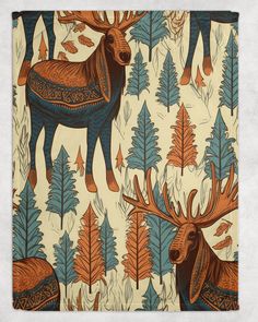 the moose and deer are depicted in this hand drawn pattern on an old - fashioned wallpaper