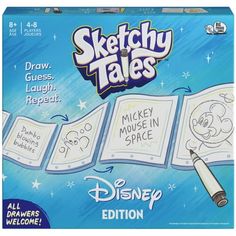 the disney mickey mouse sketchy tales game is shown in its box with instructions for how to draw