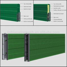 the side and back view of a green wall with metal bars on it, showing different angles