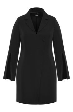 Full of modern polish, this sophisticated blazer-dress features sleek split sleeves. 39" length Notched collar Long sleeves with split cuffs Lined 95% polyester, 5% elastane Spot clean Imported Modern Fitted Long Sleeve Blazer Dress, Modern Fitted Blazer Dress With Notch Lapel, Modern Long Sleeve Blazer Dress For Office, Modern Fitted Blazer Dress For Formal Occasions, Sleek Notch Lapel Blazer Dress, Sleek Notch Lapel Blazer Dress For Office, Modern Long Sleeve Blazer Dress For Formal Occasions, Elegant Career Blazer Dress With Hidden Button Closure, Modern Fitted Blazer Dress For Office