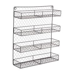 three tiered wire shelf with four bins on each side and two shelves below