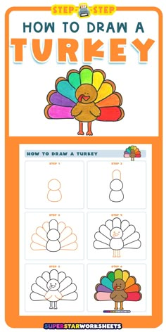 how to draw a turkey for kids with pictures and instructions on the front, side and back