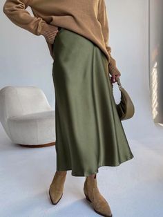 Women's Satin Skirt High Waist Elegant Midi A-line Skirt Lady's Summer Solid Champagne Vintage Silk Party Dress Long Sleeve, Puff Sleeve Dresses, Satin Skirt, Style Office, Water Temperature, Party Dress Long